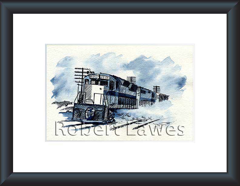 Locomotive in pen and Ink and Blue Inkwash